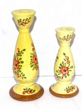 Vintage Pizzato Italian Ceramic Candlestick Holders Pair Hand Painted Floral